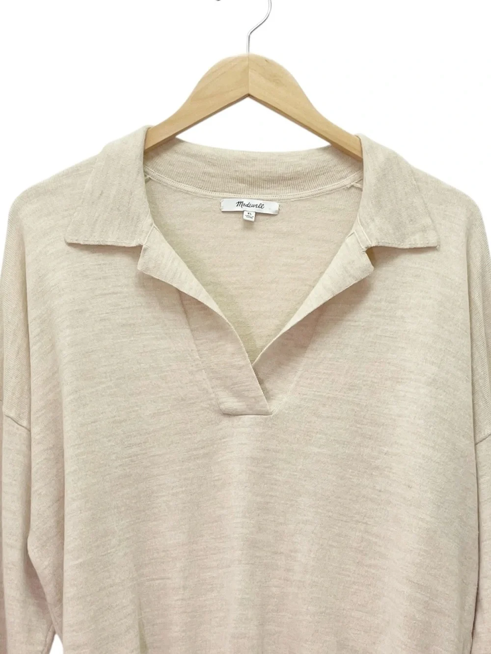 Madewell Size XL Merino Wool Polo Sweater Oatmeal Beige Split Neck Lightweight